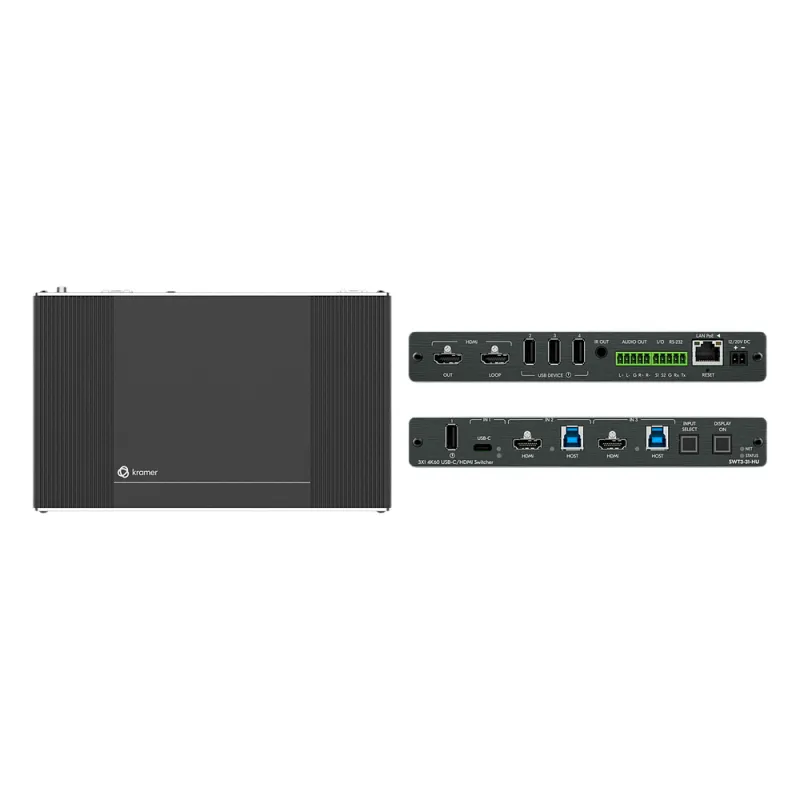Auto-Switcher | 1 USB-C + 2 HDMI/USB Inputs | HDMI Output | USB 3.2 Switching | 4K@60Hz | HDCP 2.3 | PoE | MegaTOOLS Enclosure