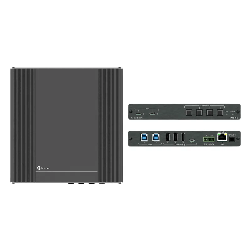 Switcher USB 3.2 | 2 Hosts USB-C con PD 3.0 | 2 Hosts USB-B | 4 Puertos USB Periféricos | Conmutación Automática | Control IP y RS-232 | PoE | Alimentación 20V DC 80W | MegaTOOLS™ Fan-less