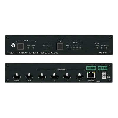 Distribuidor y Switcher 2x1:4 | 4K@60Hz 4:4:4 | HDMI 2.0b | HDCP 2.3 | 18Gbps | EDID Inteligente | Escalado Automático | Audio Analógico | RS-232 | Alimentación 20 VDC | Montaje en Rack 1U | 21.46 cm x 16.30 cm x 4.36 cm (8.45 in x 6.