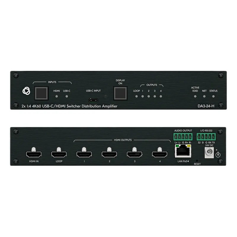 Distribuidor y Switcher 2x1:4 | 4K@60Hz 4:4:4 | HDMI 2.0b | HDCP 2.3 | 18Gbps | EDID Inteligente | Escalado Automático | Audio Analógico | RS-232 | Alimentación 20 VDC | Montaje en Rack 1U | 21.46 cm x 16.30 cm x 4.36 cm (8.45 in x 6.