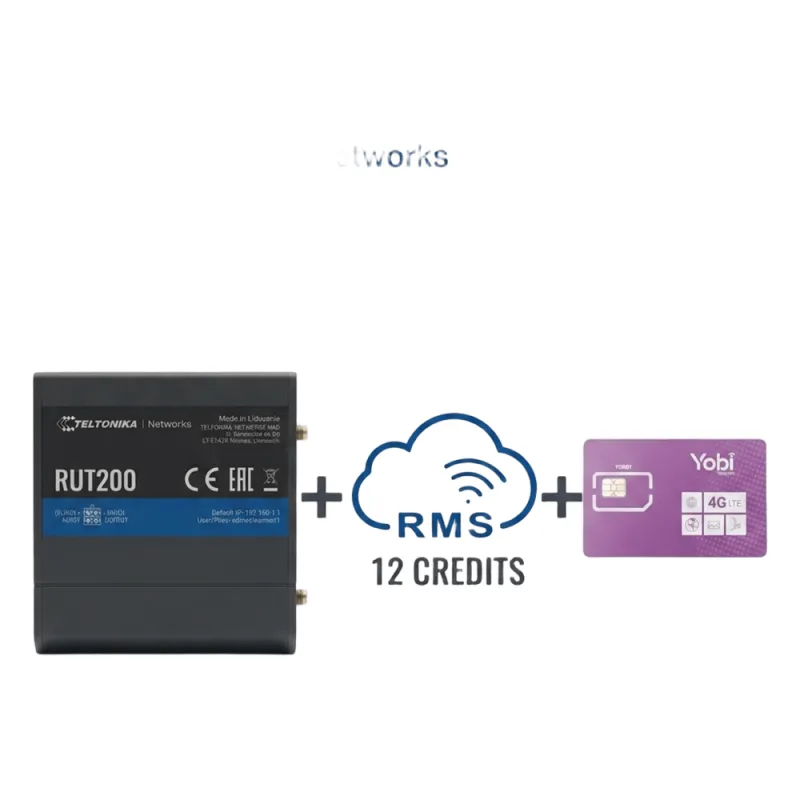 Router Teltonika LTE/4G RUT200 + 12 creditos RMS + SIM de YOBI de 1GB por Mes durante un año de servicio (solo datos)
