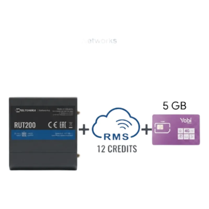 Router Teltonika LTE/4G RUT200 + 12 creditos RMS + SIM de YOBI de 5GB por Mes durante un año de servicio (solo datos)