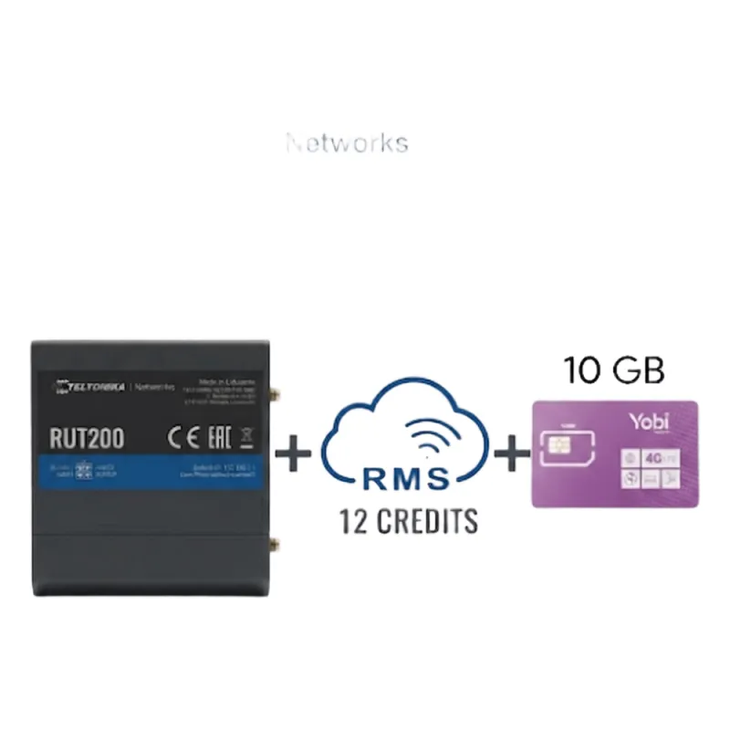 Router Teltonika LTE/4G RUT200 + 12 creditos RMS + SIM de YOBI de 10GB por Mes durante un año de servicio (solo datos)