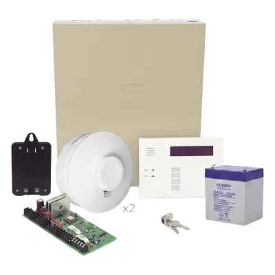 Kit de panel de intrusión de 48 zonas con 2 detectores de humo inalámbricos incluidos, 3 particiones y carga/descarga por Internet