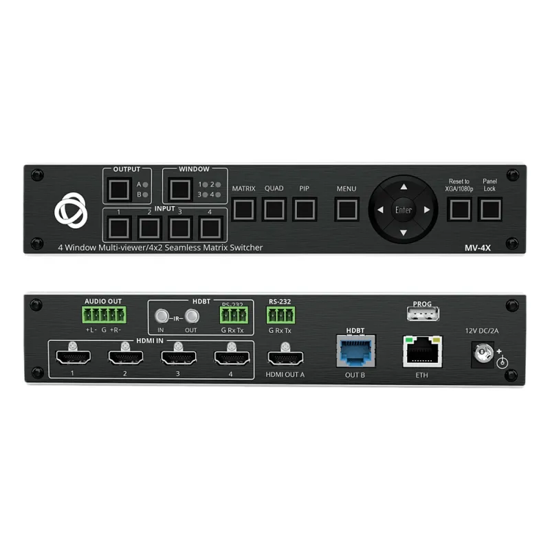 Matrix HDMI 4x2 con Escalado Integrado | Multi-Ventana | 4K@60Hz 4:4:4 | HDBT y HDMI | HDCP 2.3 | Conmutación Sin Corte | PiP-PoP | Control Web