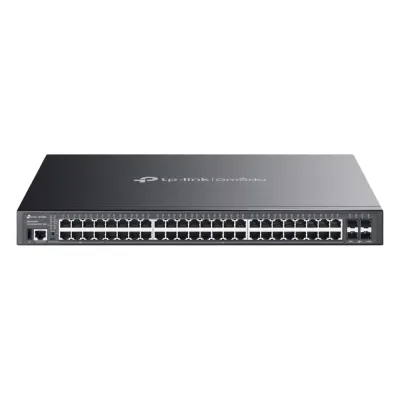 Switch Gestionable L3 / 48 Puertos Gigabit / 16× PoE++ 90W + 32× PoE+ 30W / Presupuesto PoE 500W / 4× SFP+ 10G / Stacking Físico 80 Gbps / Enrutamiento OSPF-RIP-VRRP / ERPS / Omada SDN Cloud