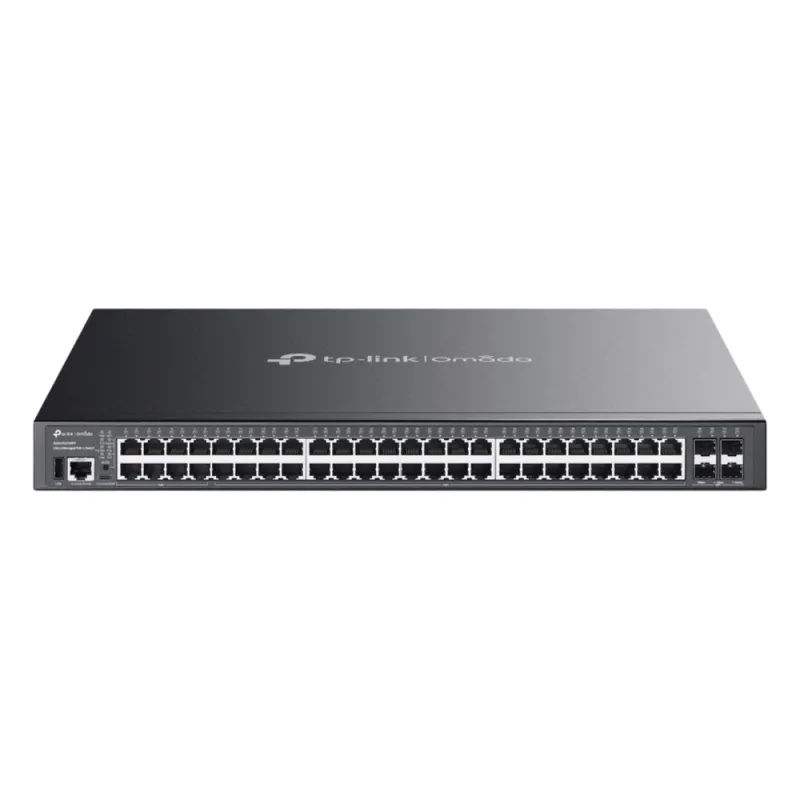 Switch Gestionable L3 / 48 Puertos Gigabit / 16× PoE++ 90W + 32× PoE+ 30W / Presupuesto PoE 500W / 4× SFP+ 10G / Stacking Físico 80 Gbps / Enrutamiento OSPF-RIP-VRRP / ERPS / Omada SDN Cloud