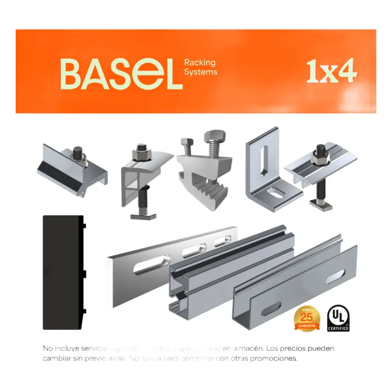 Kit Basel Sistema de Montaje Solar para 4 Módulos / Inclinación 10° / Para Módulo 645 W / Dimensiones del Módulo 2.382 m (7.8 ft) x 1.134 m (3.7 ft) / Velocidad de Viento 170 km/h / Losa Plana Una Fila