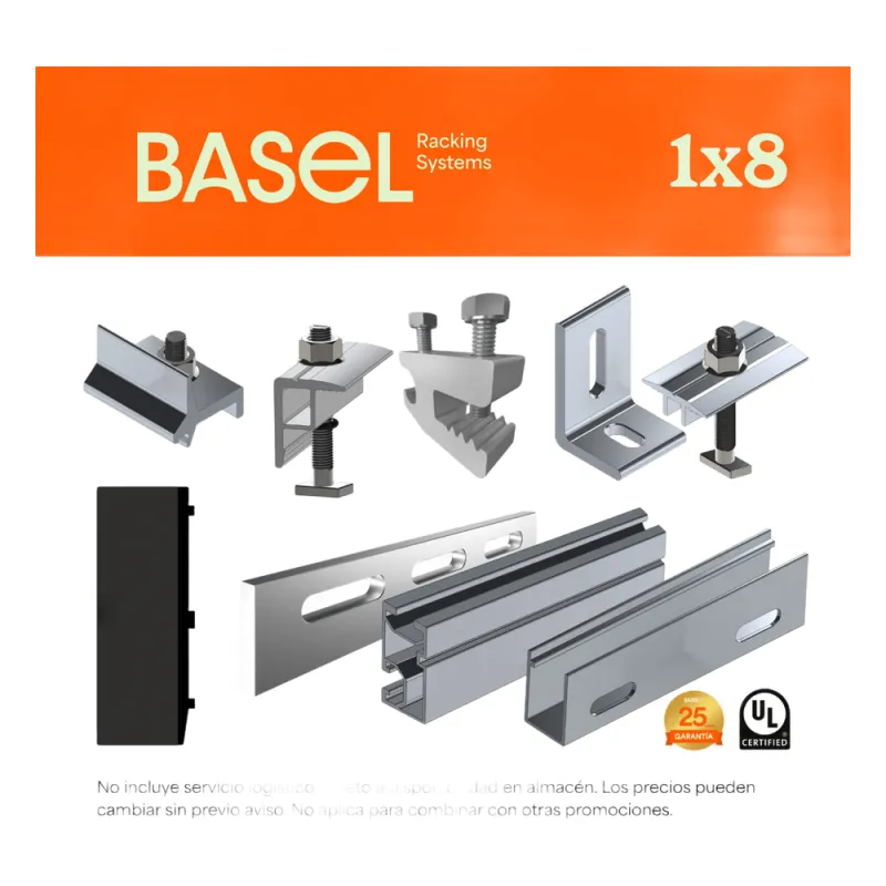 Kit Basel Sistema de Montaje Solar para 8 Módulos / Inclinación 10° / Para Módulo 645 W / Dimensiones del Módulo 2.382 m (7.8 ft) x 1.134 m (3.7 ft) / Velocidad de Viento 170 km/h / Losa Plana Una Fila
