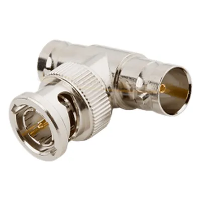 Adaptador en T para 50 Ohm de BNC Macho a Doble BNC Hembra, Troquelado, Níquel/ Oro/ Delrin.