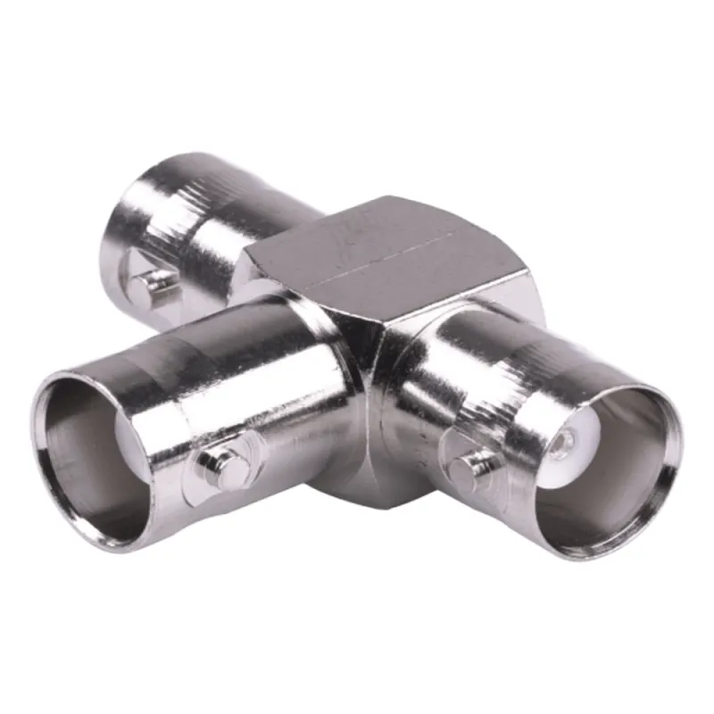 Adaptador Triple en T para 50 Ohm de BNC Hembra a Doble BNC Hembras, Níquel/ Plata/ Teflón.