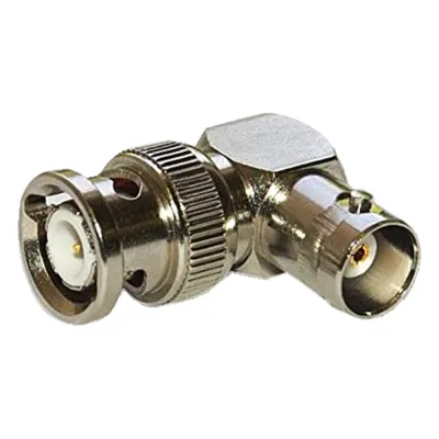 Adaptador RF en Ángulo Recto / Conector BNC Macho a BNC Hembra / 50 Ohm / Cuerpo Bronce Níquel / Contacto Plata / Aislante Teflón