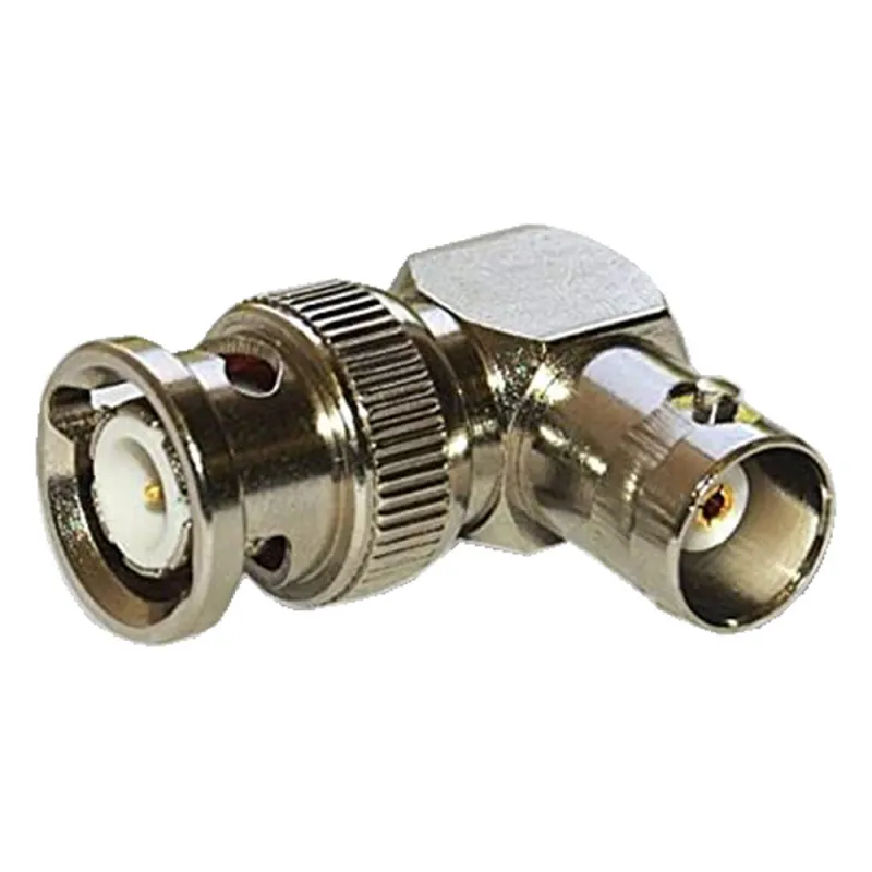Adaptador RF en Ángulo Recto / Conector BNC Macho a BNC Hembra / 50 Ohm / Cuerpo Bronce Níquel / Contacto Plata / Aislante Teflón