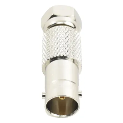 Adaptador RF en Línea / Conector F Macho a BNC Hembra / 75 Ohm / 0 a 1 GHz / Cuerpo Bronce Níquel / Contacto Oro / Aislante Delrin