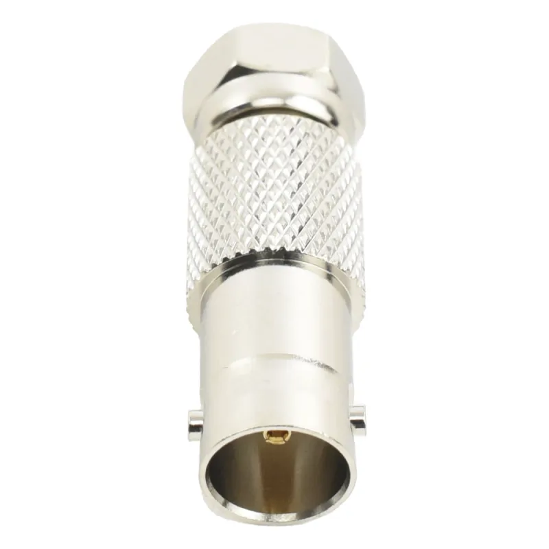 Adaptador RF en Línea / Conector F Macho a BNC Hembra / 75 Ohm / 0 a 1 GHz / Cuerpo Bronce Níquel / Contacto Oro / Aislante Delrin