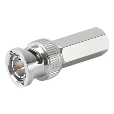 Conector BNC Macho de Ensamble Roscable (Hex.) en Sentido de las Manecillas de Reloj para Cable Coaxial RG-59/U, Níquel/ Oro/ Delrin.