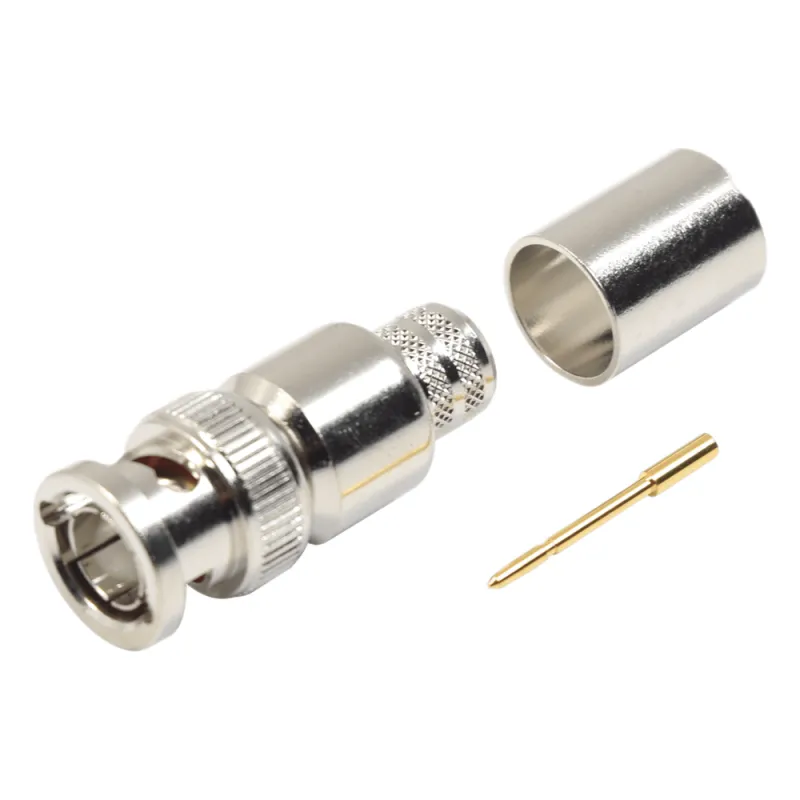 Conector BNC Macho de 75 Ohm, Anillo Plegable, para Cable 8238, RG-11/U, Níquel/ Oro/ Teflón.