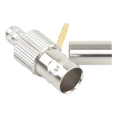 Conector BNC Hembra, 75 Ohm, Anillo Plegable, para RG-59/U, Níquel/ Oro/ Delrin.