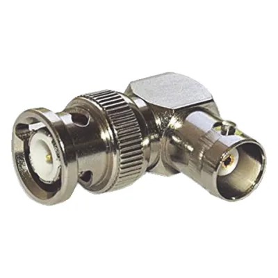 Adaptador en Ángulo Recto para 75 Ohm, de Conector BNC Macho a BNC Hembra (Monitor), Níquel/ Oro/ Teflón.
