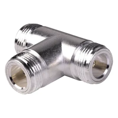 Adaptador en T, Triple Conectores N Hembra, Plata/ Oro/ Teflón.