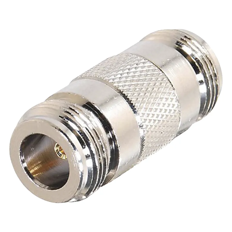 Adaptador Barril en Linea para 50 Ohm, de Conector N Hembra a N Hembra, Plata/ Oro/ Teflón.