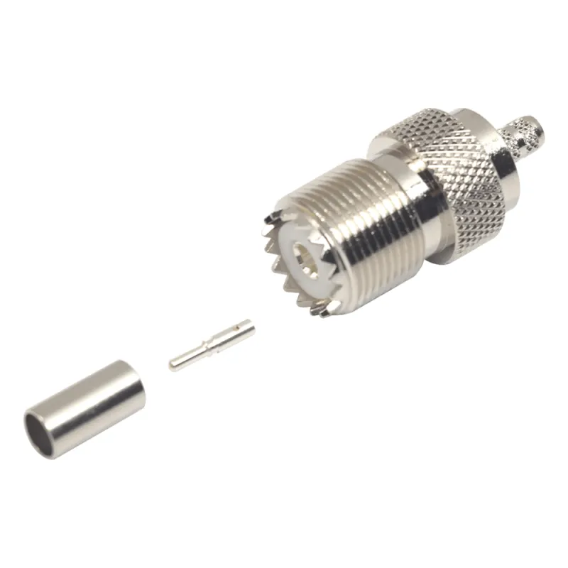 Conector UHF Hembra (SO-239) en Línea, de Anillo Plegable para Cable RG-58/U, RG-142/U, Níquel/ Plata/ Delrin.