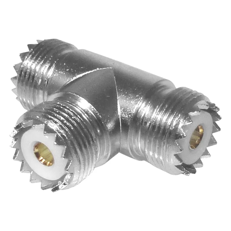 Adaptador en forma T, de Conector UHF Hembra (SO-239) a Doble Conector UHF Hembra, Níquel/ Plata/ Delrin.