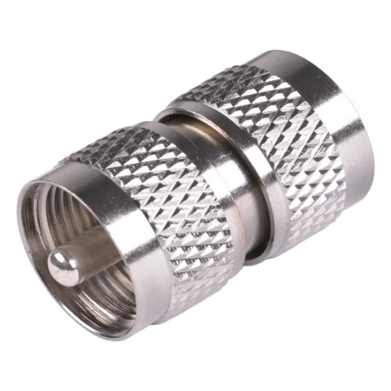 Adaptador RF Barril en Línea / Conector UHF Macho (PL-259) a UHF Macho (PL-259) / Cuerpo Bronce Níquel / Contacto Plata / Aislante Teflón
