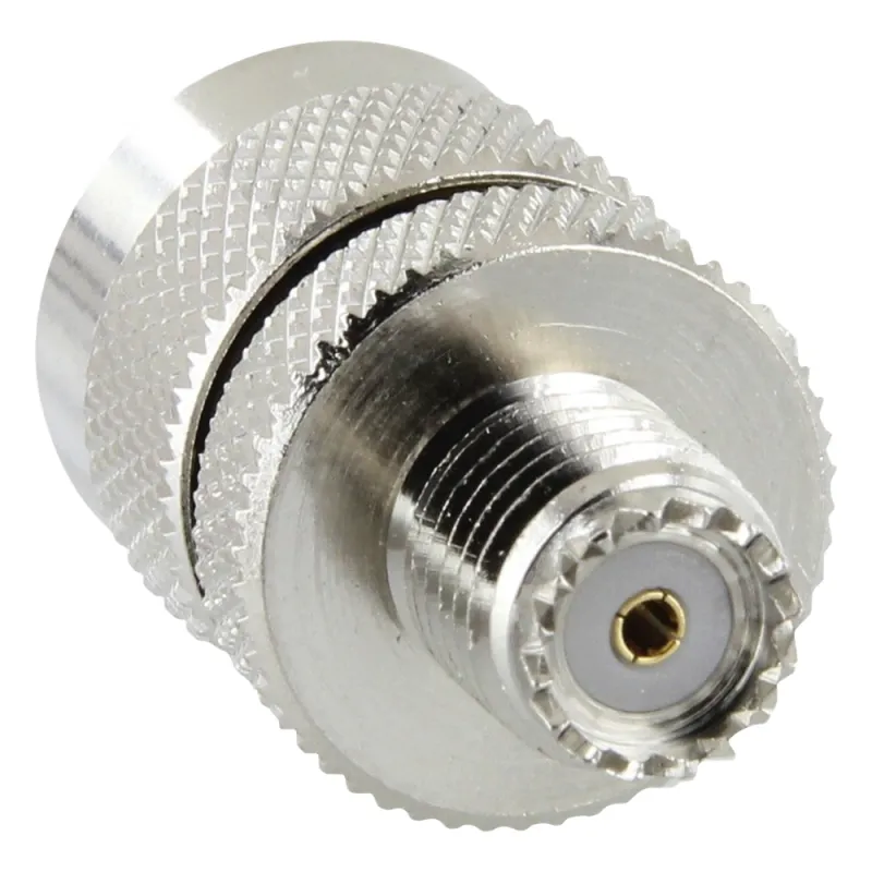Adaptador en Línea de Conector Mini UHF Hembra a UHF Macho (PL-259), Níquel/ Oro/ Teflón.