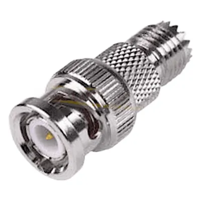 Adaptador RF en Línea / Conector Mini-UHF Hembra a BNC Macho / 50 Ohm / Cuerpo Bronce Níquel / Contacto Oro / Aislante Teflón