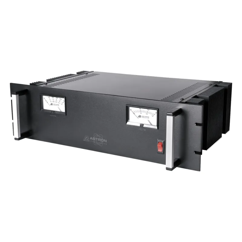 Fuente de poder 13.8Vcc, 50A, lineal regulada con circuito cargador de baterías, medidores, para instalación en rack