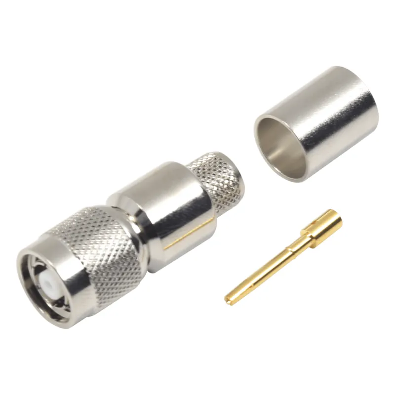 Conector TNC Macho Inverso, Anillo Plegable para ensamblar en cables RG-8/U, LMR-400, Níquel, Oro, Teflón