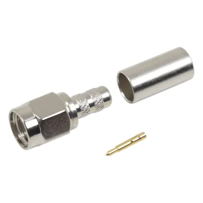 Conector SMA Macho de Anillo Plegable / Cable RG-58/U, RG-142/U, LMR-195 / 50 Ohm / 0 a 12.4 GHz / VSWR 1.3 / Cuerpo Níquel / Contacto Oro / Aislante Teflón