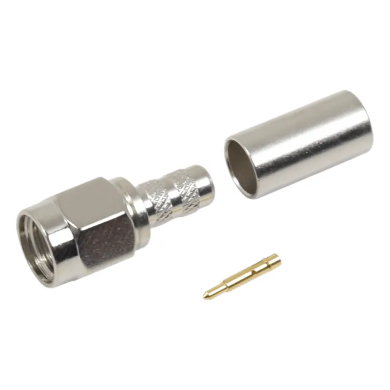 Conector SMA Macho de Anillo Plegable / Cable RG-58/U, RG-142/U, LMR-195 / 50 Ohm / 0 a 12.4 GHz / VSWR 1.3 / Cuerpo Níquel / Contacto Oro / Aislante Teflón