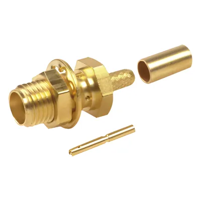 Conector SMA Hembra para Chasis en D Plano, Anillo Plegable para cable RG-174/U, Oro/ Oro/ Teflón.