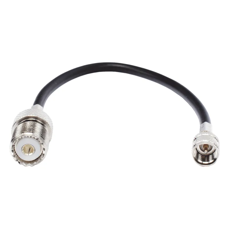 Jumper Adaptador de Conector Mini UHF Macho a UHF Hembra (SO-239), Níquel/ Oro y Plata/ Delrin.