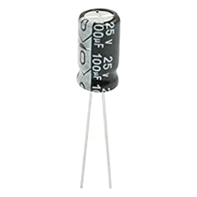 Capacitor Electrolítico de Aluminio, Radial de 100 µFd, 25 Vcc, 105 °C, 6.3 x 11 mm.
