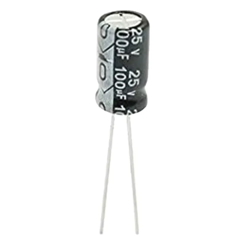 Capacitor Electrolítico de Aluminio, Radial de 100 µFd, 25 Vcc, 105 °C, 6.3 x 11 mm.