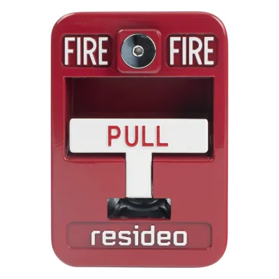 Estación manual de jalón contra incendio de acción simple, reset con llave Allen, cumple ADA, carcasa de aluminio fundido