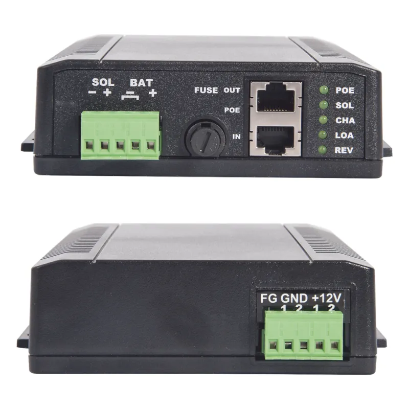 Controlador Solar POE, Entrada 12 Vcc Hasta un Panel Solar de 125 Watts, Salida PoE Pasivo en 24 Vcc Hasta 20 Watts Máximo.