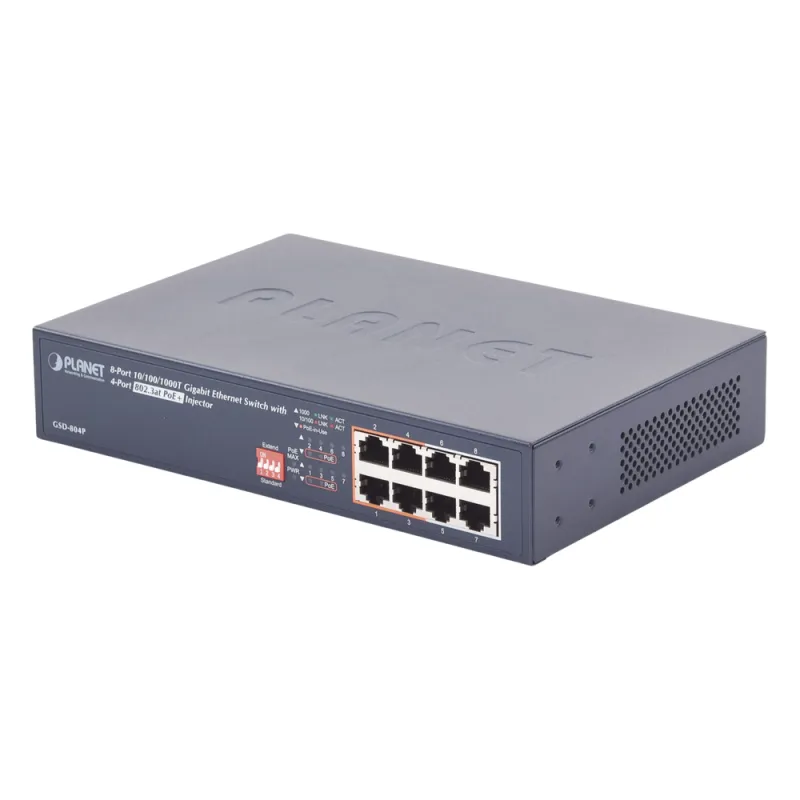 Switch PoE no Administrable, 8 Puertos 10/100/1000 Mbps con 4 Puertos PoE 802.3af/at, Modo Extender Hasta 250 mts