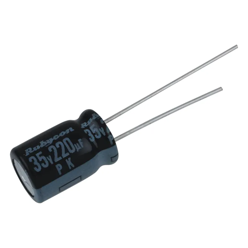 Capacitor Electrolítico Radial en Aluminio de 220 µFd, 35 Vcc, 105 °C, 10 x 12.5 mm.