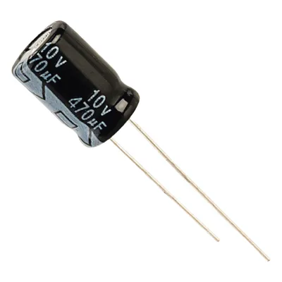 Capacitor Electrolítico de Aluminio, Radial de 470 µFd, 10 Vcc, 105 °C, 6.3 x 11 mm.