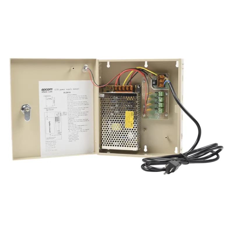 Fuente de poder profesional para CCTV de 12 Vcc @ 5A, para 4 cámaras ; Voltaje de entrada de 100-240 Vca