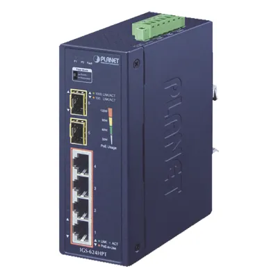 Switch PoE Industrial No Administrable de 4 Puertos PoE 10/100/1000T 802.3at, 2 Puertos SFP 10/1000X