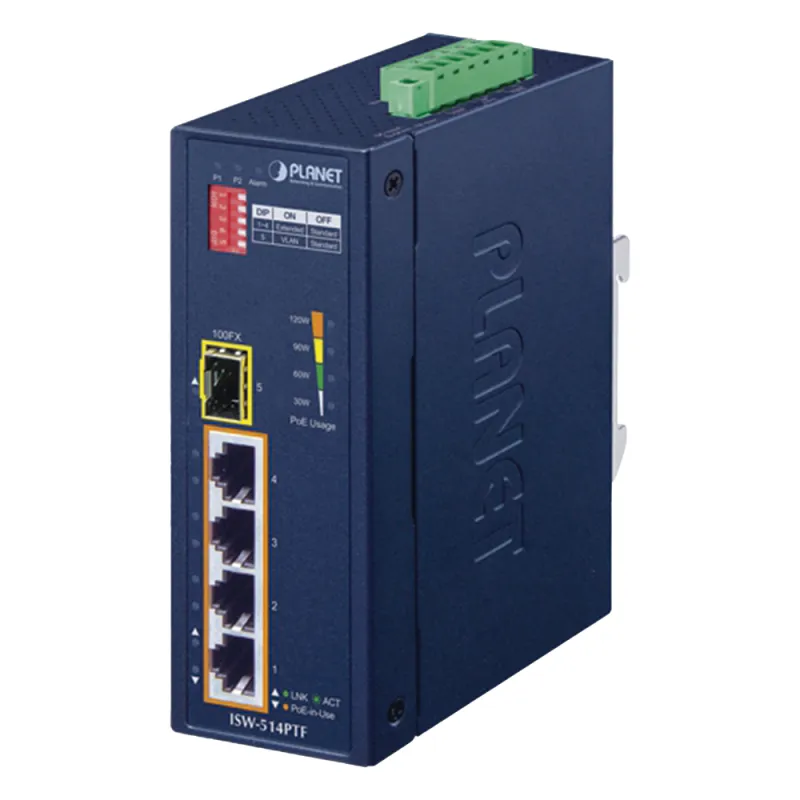 Switch industrial, Temperatura de Operación: -40 a 75ºC, 4 puertos PoE 10/100 + 1 Puerto 100Base-FX