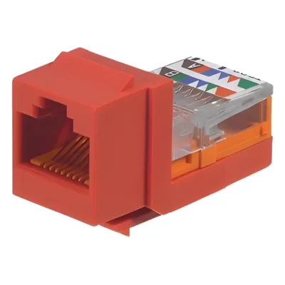 Conector Jack NetKey Estilo Leadframe, Tipo Keystone, Categoría 5e, de 8 Posiciones y 8 Cables, Color Rojo
