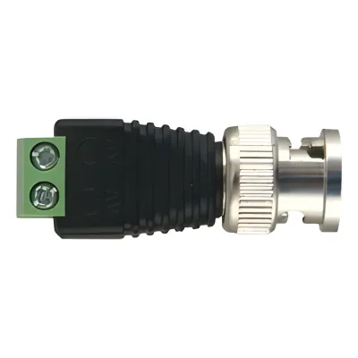 Adaptador de conector BNC macho a 2 terminales-tornillo para cables AWG-26-14, en aplicaciones Video Vigilancia, Níquel/ Oro/ PTFE y PVC.