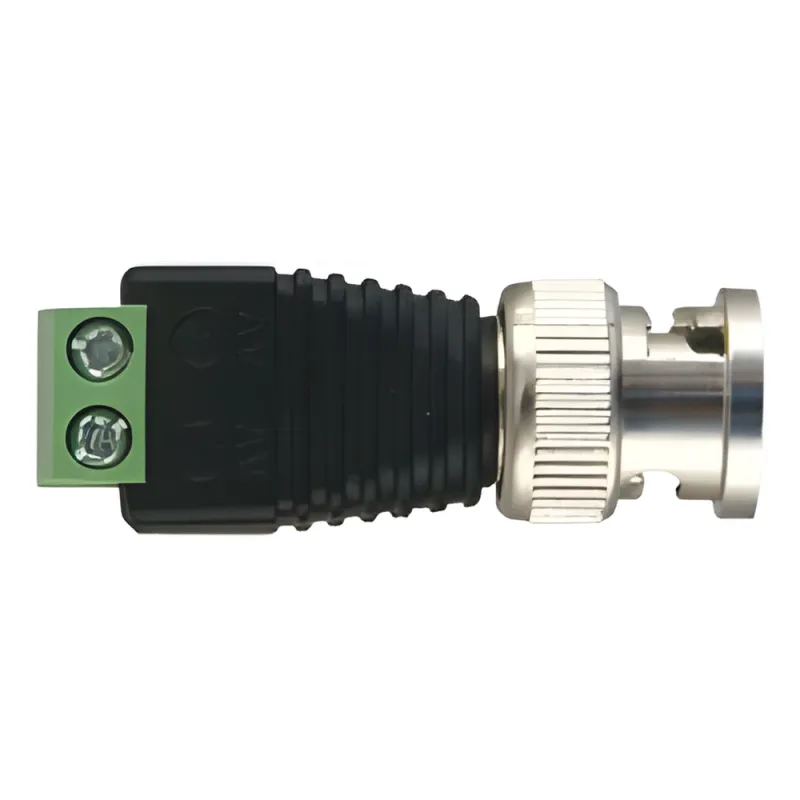 Adaptador de conector BNC macho a 2 terminales-tornillo para cables AWG-26-14, en aplicaciones Video Vigilancia, Níquel/ Oro/ PTFE y PVC.