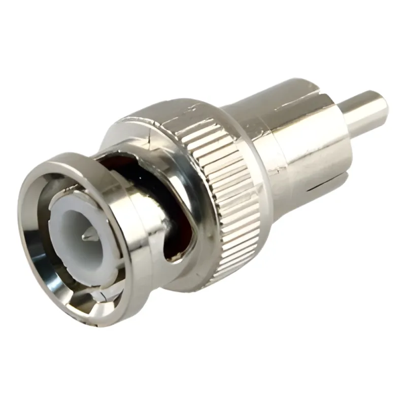 Adaptador en Línea para 75 Ohm, de Conector BNC Macho a RCA Macho en Aplicaciones de Audio-Video para Cámaras, Monitores y DVR's.